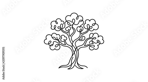 Minimalist Single Line Art Drawing of a Leafy Deciduous Tree Isolated on White Background for Elegant Nature Design Concepts