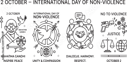 International Day of Non-Violence icon set. Editable line icons. Vector illustration.
