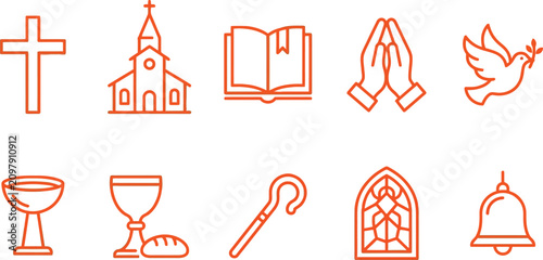 Set of christian outline icons including church, cross, bible, praying hands, and dove of peace.