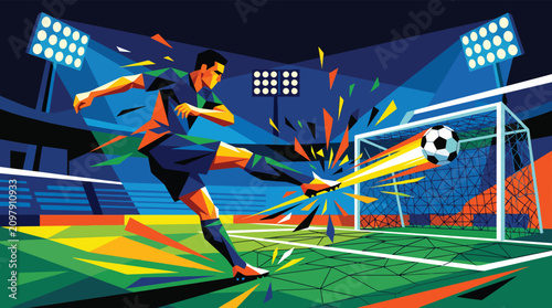 Tableau sur toile Dynamic football player striking the ball powerfully towards the goal net in a brightly lit stadium arena during a competitive championship match with colorful geometric shapes