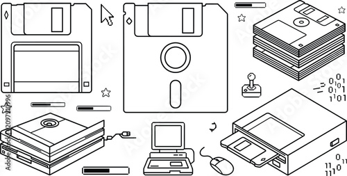 Obraz na plátně Vintage floppy disk storage and retro computer line art vector illustration icon