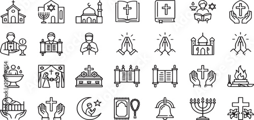 Christian Church and Worship icon set. Editable line icons. Vector illustration.
