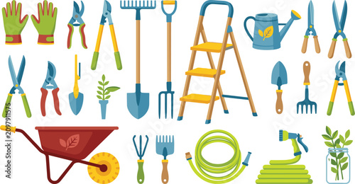 Gardening Tool and Equipment Vector Icon Set with Wheelbarrow Stepladder Watering Can Pruning Shears Shovel Rake and Gloves for Horticulture Graphics