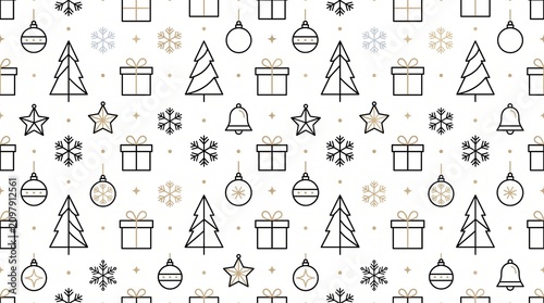 Minimalist Christmas seamless pattern with simple line art icons of trees gifts and snowflakes on white background vector

