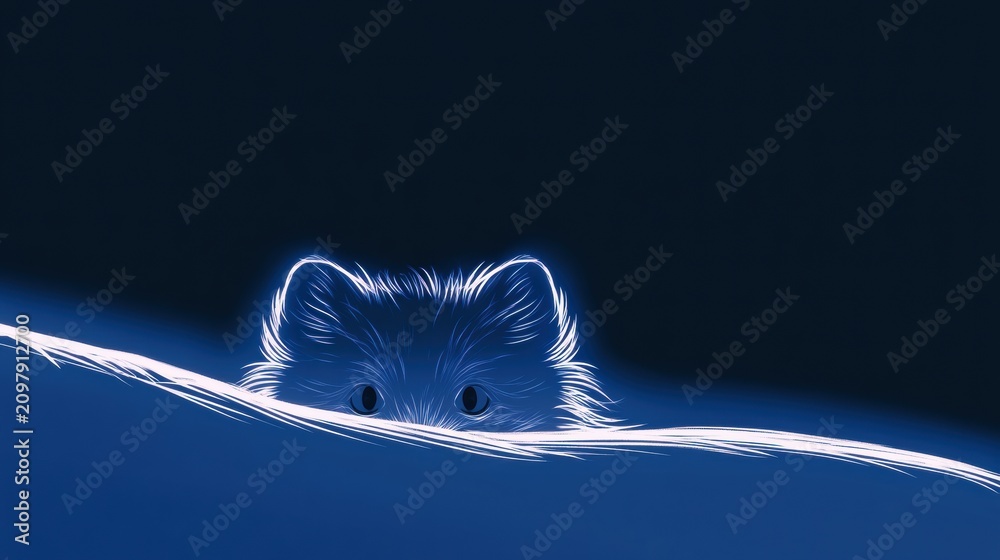 Fototapeta premium An arctic fox looks over a snowy ridge, its eyes and ears are the only visible parts in a blue neon glow on a dark winter night.