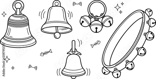 Obraz na płótnie Hand drawn ringing bells and tambourine vector illustration collection for holid