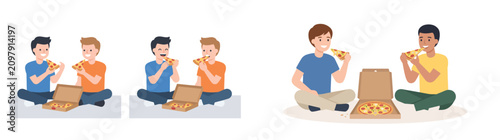 Group of diverse young men eating pizza while sitting together on the floor during a casual social gathering at home