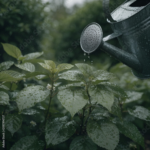 After-the-Rain Watering
Plant already covered with natural rain droplets while only a few extra drops fall from a watering can, creating a layered moisture effect.
Moody overcast lighting.