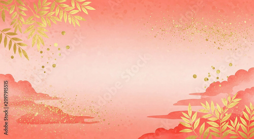 Watercolor Coral Gradient with Gold Splatter and Fern Leaves: Premium Wedding Stationery and Luxury Beauty Branding Background
