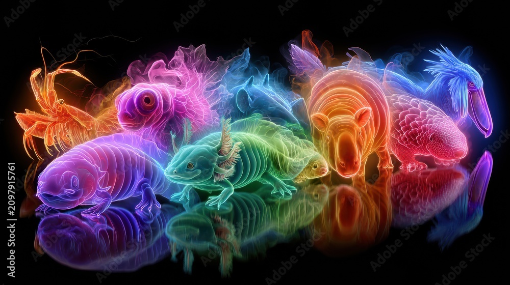 Fototapeta premium Bright neon animals fill the space, showing a mix of unique species in a range of colors with no background distractions.