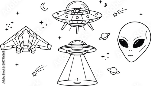 Bild auf Leinwand Alien UFO Spaceship Vector Icon Set with Sci Fi Extraterrestrial Abduction Star