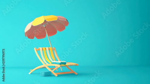 summer vacation concept with beach chair and umbrella isolated on blue background