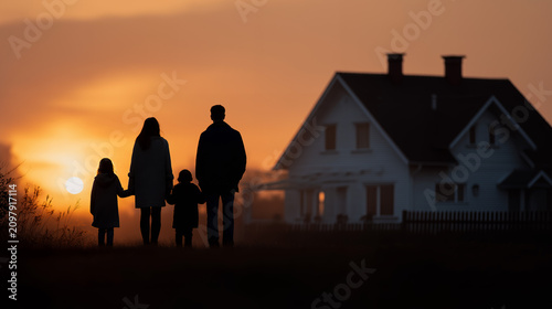 Family Walking Toward Their Home At Sunset With Warm Golden Light