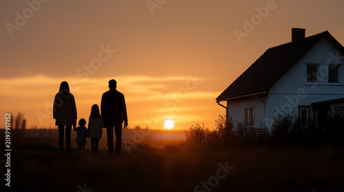 Silhouette Of Happy Family Holding Hands Near House During Sunset