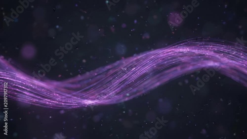 Abstract flowing purple light waves with glowing particles and bokeh effects on dark background, slow moving motion graphic with copy space for text