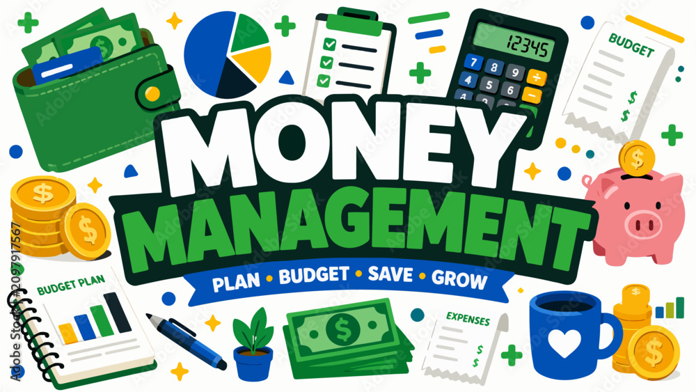 Naklejka premium Flat illustration of financial icons and money management text for personal budgeting and wealth planning.