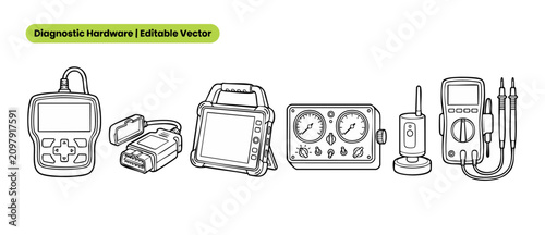 Schilderij op canvas Car Diagnostic Tool Vector Set featuring OBD2 scanner, digital multimeter, pressure gauge, and electronic testing equipment icons for automotive repair, vehicle maintenance, and garage service