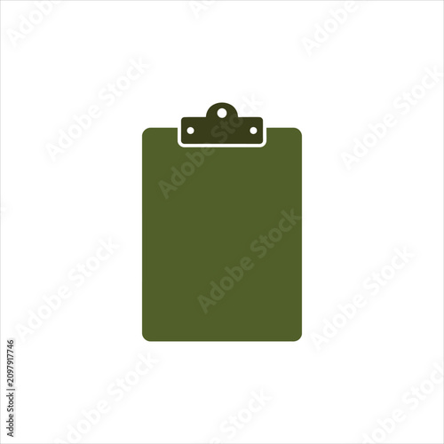 Premium minimalist vector art of a stylized dark green clipboard. Vibrant flat design, clean lines, 2D illustration, isolated on white, ample copy space for modern branding, UI/UX.