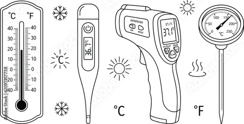 Konstfotografi Medical Thermometer and Infrared Temperature Gauge Vector Icon Set with Weather