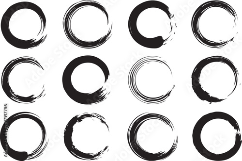 Set of black ink brush stroke circles and round frames for design Vector