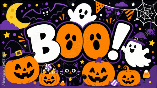 Cute Halloween banner featuring ghosts, jack-o-lanterns, and a black cat with the text BOO against a starry night background.