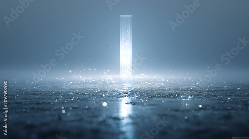 A tall glowing vertical pillar of intense white light standing on a textured dark surface with shimmering floating dust particles