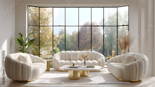 Elegant white pleated sofa set featuring gold metal bases arranged neatly in a bright modern living room with large windows