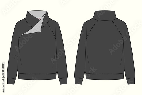 Fotografie Women's Asymmetric Fold-Over Funnel Neck Raglan Sweatshirt Technical Flat Sketch