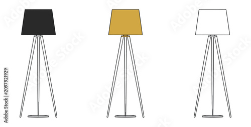 Floor lamp icons with wooden tripod legs for home lighting, furniture, and modern vector illustration