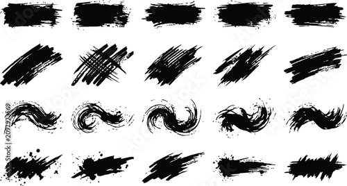 Diverse collection of black brush strokes and textures for graphic design projects