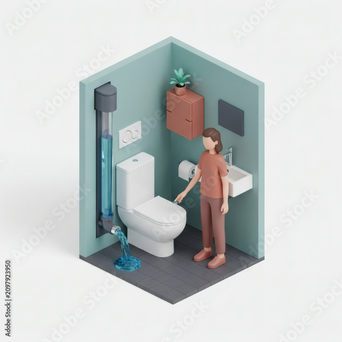 Woman facing a plumbing leak in a modern isometric bathroom