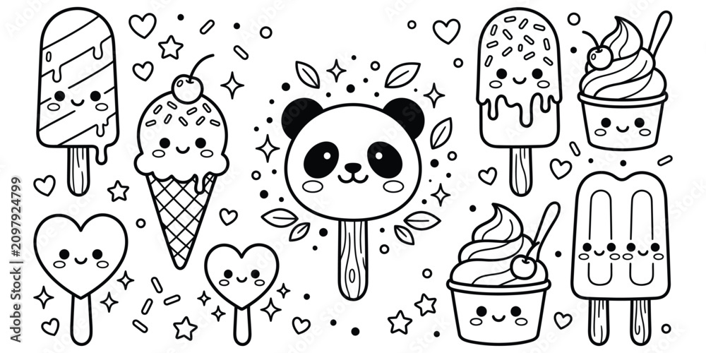 Fototapeta premium Cute kawaii panda and sweet treats doodle illustration for children's designs