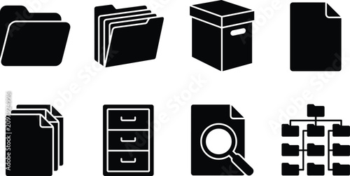 Foto Data archive and document organization black silhouette icon set with file folde