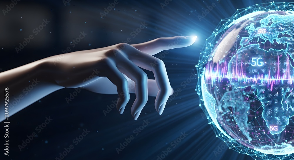 Fototapeta premium Hand interacting with a futuristic 5G globe.