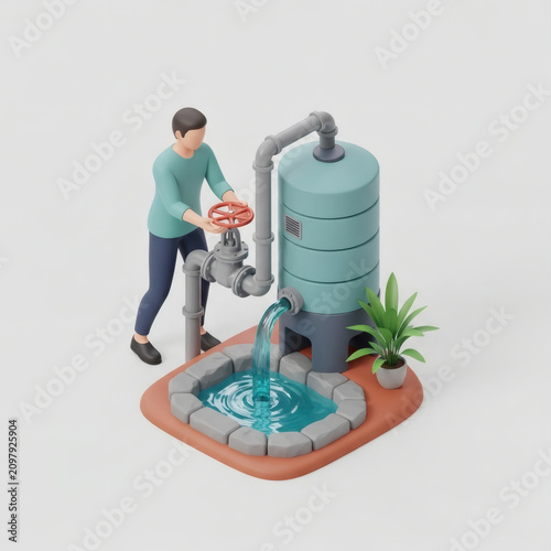 Man turning a valve to control water flow from a storage tank