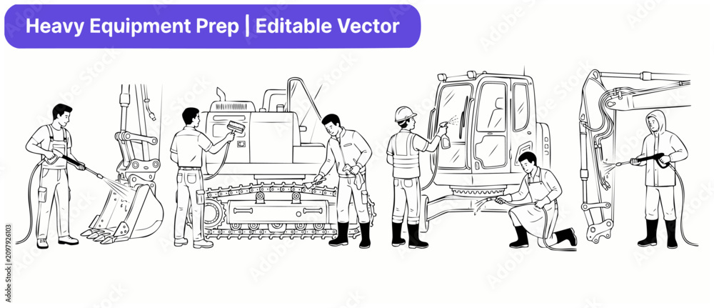 Obraz premium Heavy equipment cleaning workers vector set washing excavator machinery. Construction maintenance outline illustrations of service crew with pressure washer, brush, and safety gear in linear style.