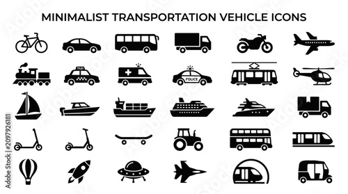 Minimalist icons of various transportation vehicles are shown.