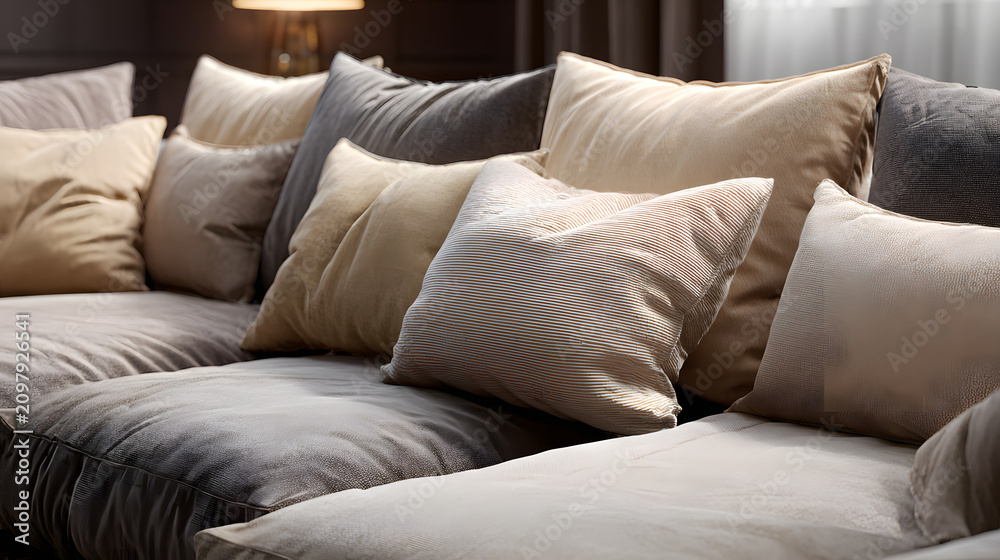 Obraz premium Several soft decorative pillows in beige and grey tones arranged neatly on a comfortable couch for a cozy interior design