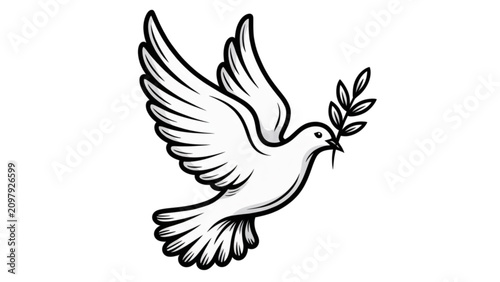 Foto Graceful white dove flying with olive branch in beak Vector