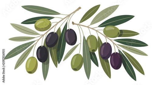 Cuadro en lienzo Fresh green olives growing on a leafy branch in natural sunlight Vector