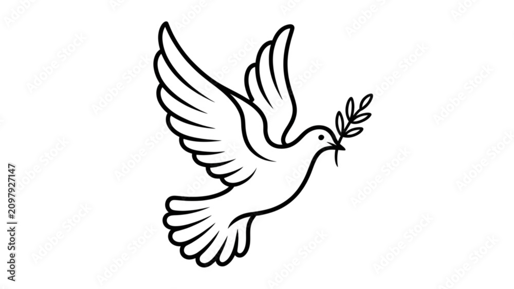 Fototapeta premium Graceful white dove flying with olive branch in beak Vector