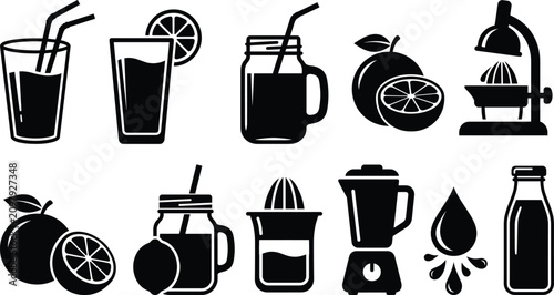 Photos Fresh orange juice and citrus drink icon set featuring glass jars blender squeez