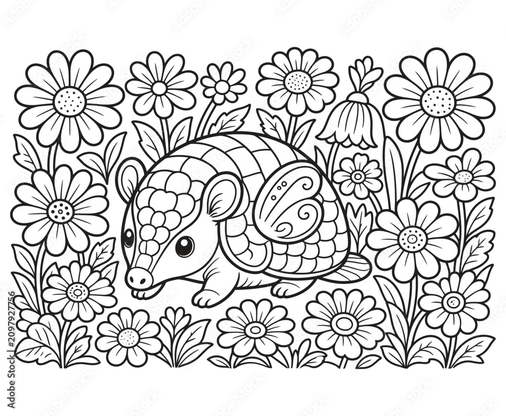 Fototapeta premium Cute pangolin with butterfly wings walking in a flower garden for kids coloring activity.