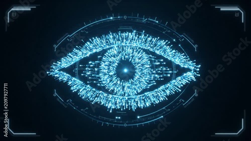 Digital eye interface with glowing blue particles and HUD elements on dark background, futuristic technology concept visualization with copy space