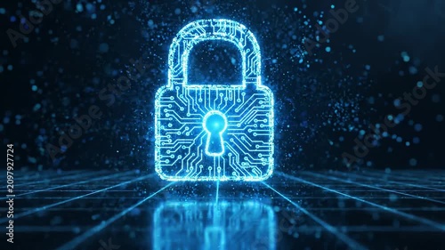 Digital lock symbol composed of glowing blue particles transitions to a circuit-patterned lock, culminating in an explosion of blue water-like particles on a grid background