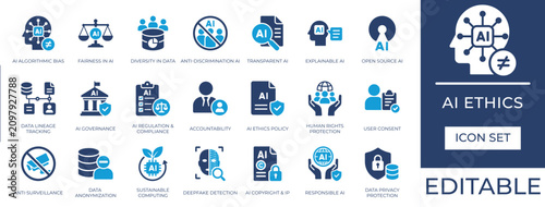Принти на полотні AI Ethics Flat Icon Set, Responsible Artificial Intelligence Governance Icons fo