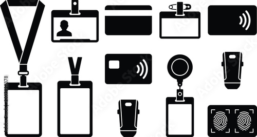 Identity badge and corporate access pass black silhouette icon set with lanyards plastic cards credit card and fingerprint scan