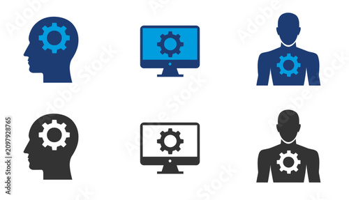 Six icon set representing artificial intelligence automation and human machine collaboration concepts