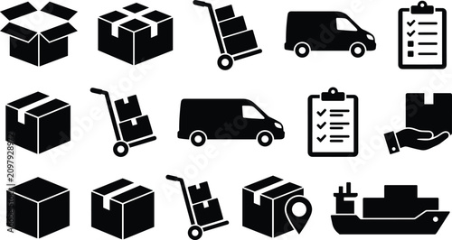 Φωτογραφία Logistics delivery and shipping service black silhouette icon set with cardboard