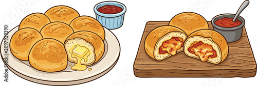 Tableau sur toile Freshly Baked Garlic Butter Dinner Rolls on Plate and Stuffed Pizza Sliders on W
